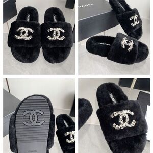 CHANEL Black Faux Fur Slides with Embellished Logo